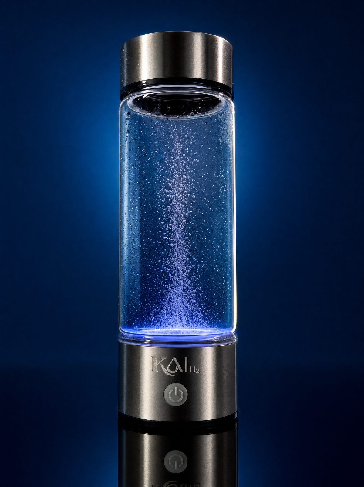 Kai-H2 hydrogen water bottle glowing blue on a dark navy background