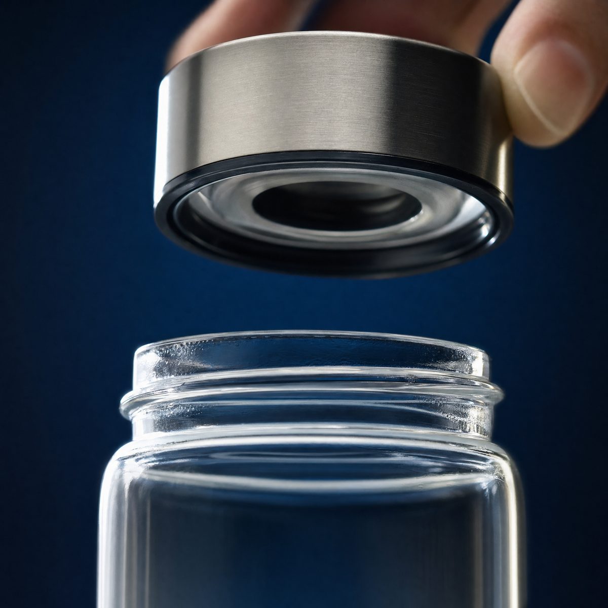 Lifting the stainless steel lid off the Kai-H2 glass bottle