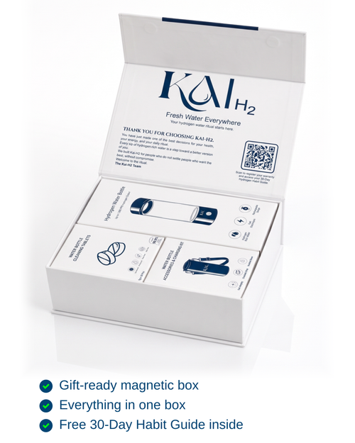 Kai-H2 magnetic gift box open, with the bottle, accessories and cleaning tablet cartons inside