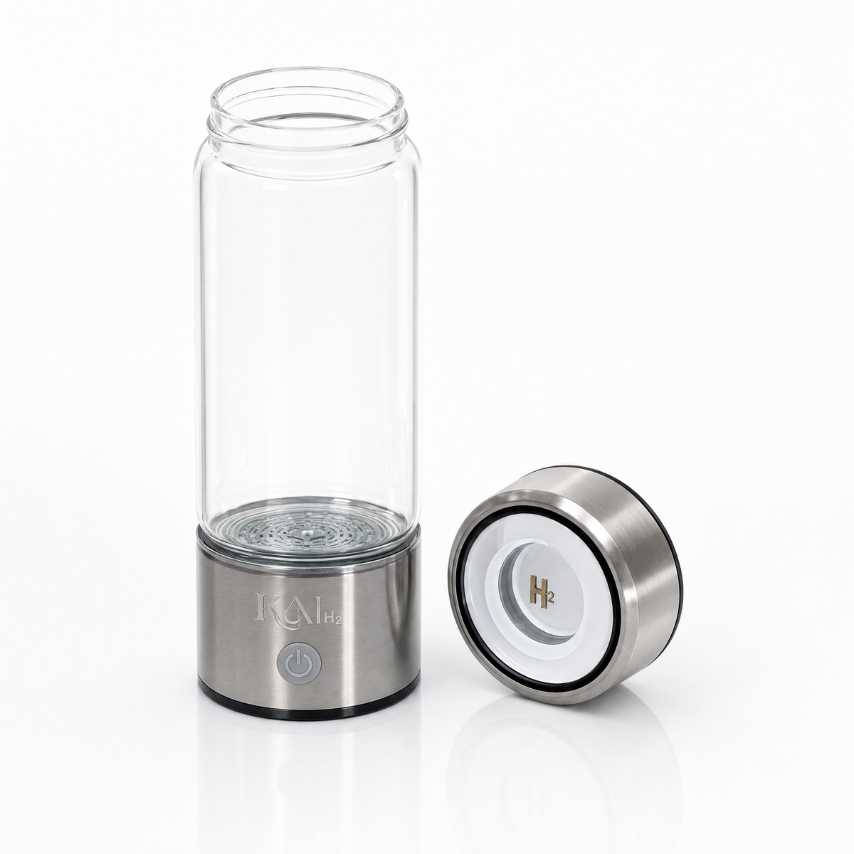 Kai-H2 bottle with the lid removed, wide glass mouth