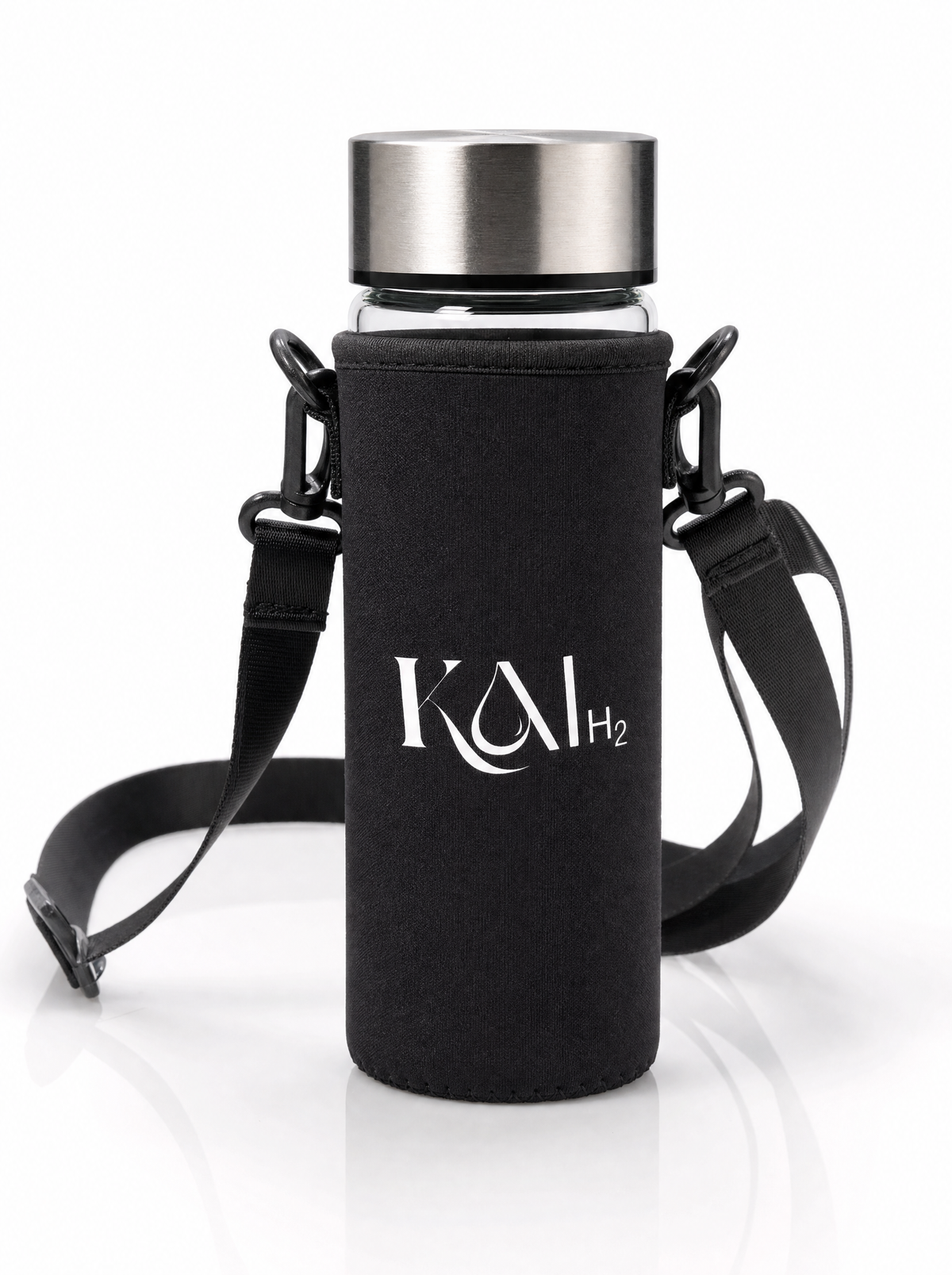 Kai-H2 bottle in its neoprene crossbody sleeve